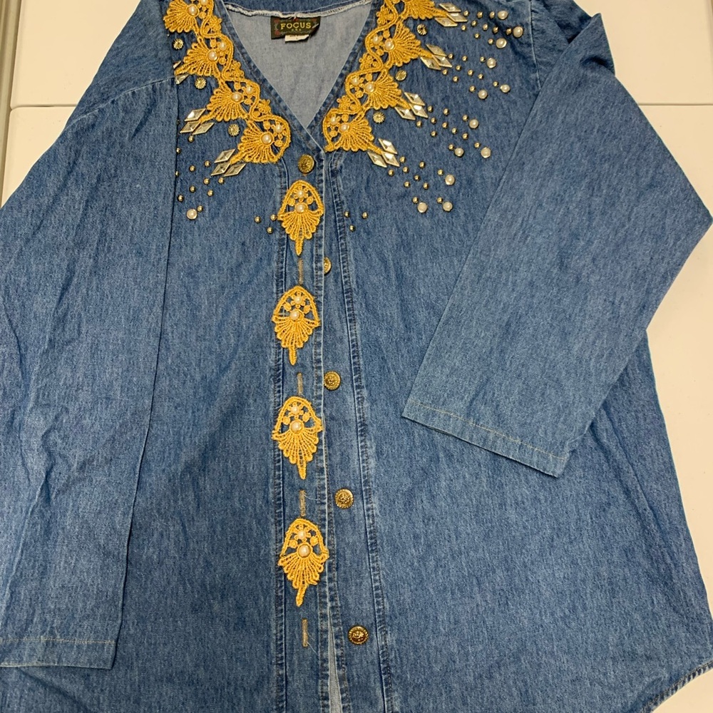 Focus Denim Top with Gold Accents